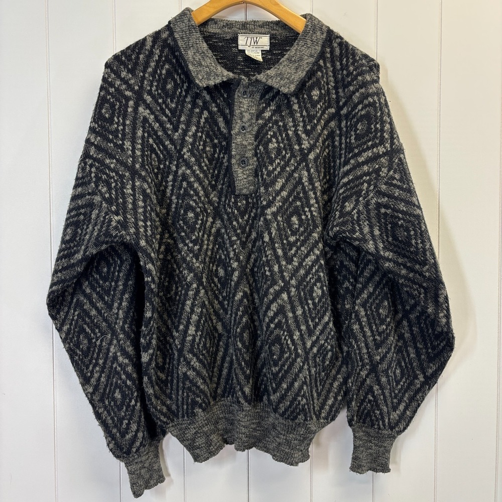 Vintage TJW Mervyns Men Geometric Grandpa Henley Sweater Size L Classic Comfy